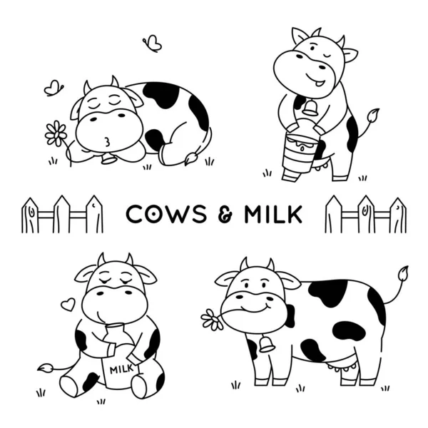 Set Doodle Cows Various Poses Cute Animal Characters — Stock Vector