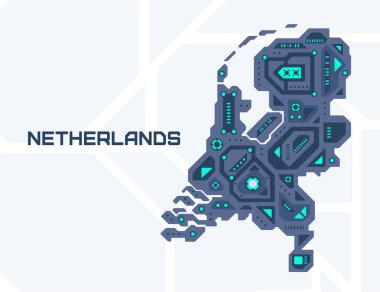 Hollanda 'nın soyut fütüristik haritası. Ülkenin mekanik devresi. Teknoloji alanı arkaplanı.
