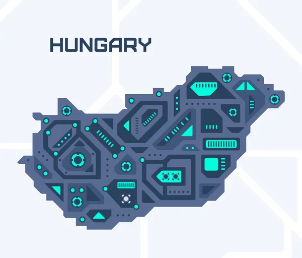 匈牙利的抽象未来主义地图 这个国家的机械电路 技术空间背景 — 图库矢量图片