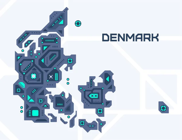 Mappa Astratta Futuristica Della Danimarca Circuito Meccanico Del Paese Sfondo — Vettoriale Stock