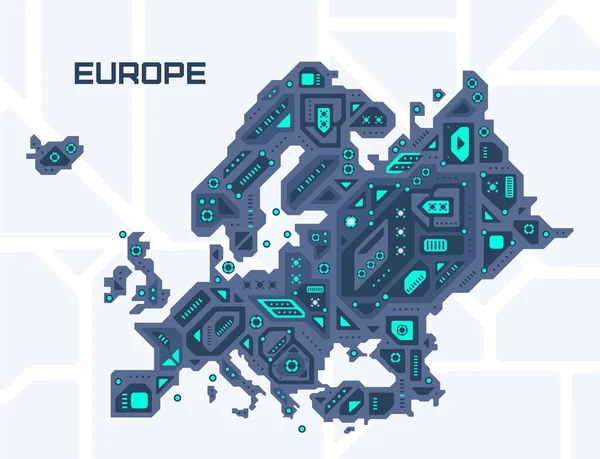 Streszczenie Futurystycznej Mapy Europy Obwód Mechaniczny Regionu Tło Przestrzeni Technologicznej — Wektor stockowy