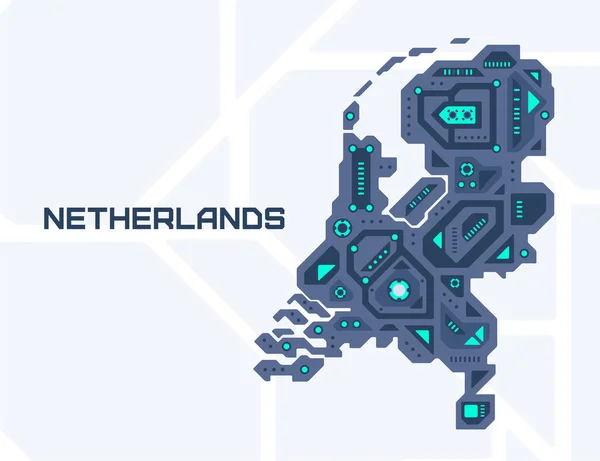 Mappa Astratta Futuristica Dei Paesi Bassi Circuito Meccanico Del Paese — Vettoriale Stock