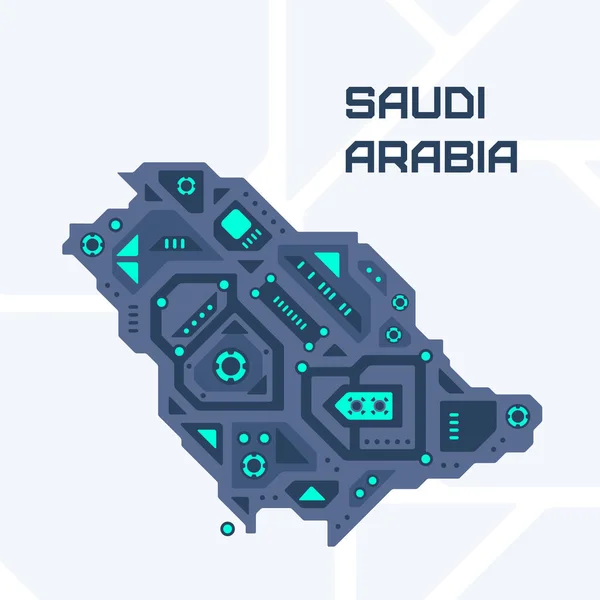 沙特阿拉伯未来的抽象地图 这个国家的机械电路 技术空间背景 — 图库矢量图片