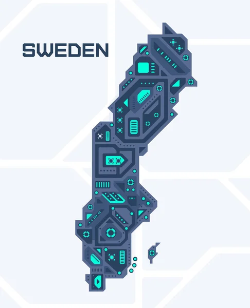 Абстрактная Футуристическая Карта Швеции Механический Контур Страны Технологический Фон — стоковый вектор