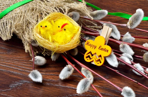 Pussy willow in sackcloth  and Easter decoration. — Stock Photo, Image