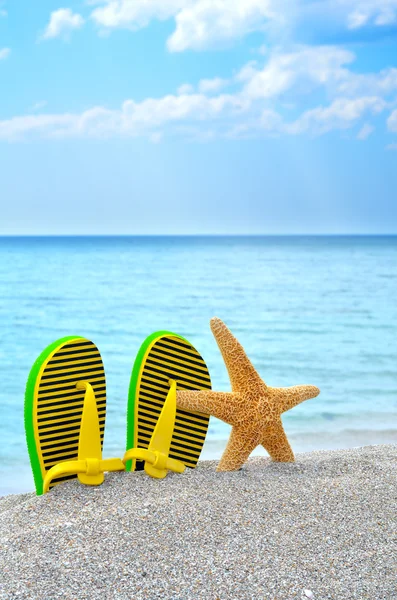 Chanclas de colores y estrellas de mar en la playa . —  Fotos de Stock