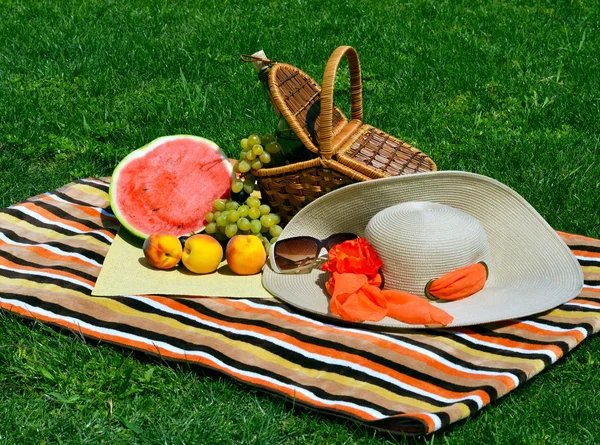 Picnic basket with fruits. — Stockfoto