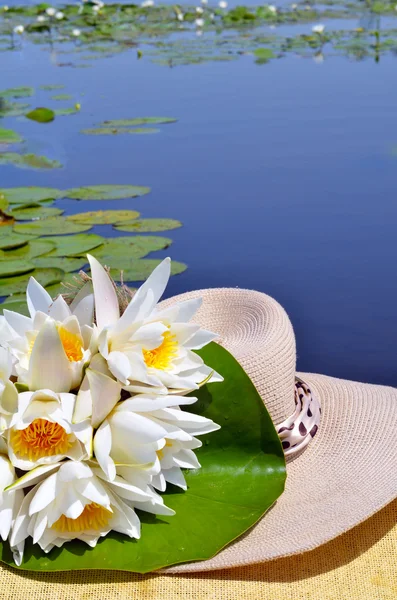 Blumenstrauß Seerose im Damenhut. — Stockfoto