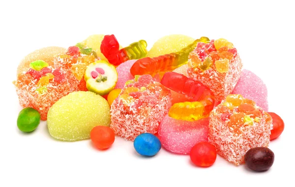 Dulces de jalea coloridos, caramelos, piruletas aisladas en blanco — Foto de Stock