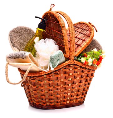 Doğal Banyo süngerleri, ponza, jel ve çiçek sepeti