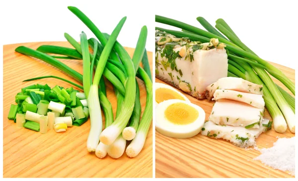 Smoked suet and lard slices, green onion, salt and boiled eggs o — Stock Photo, Image