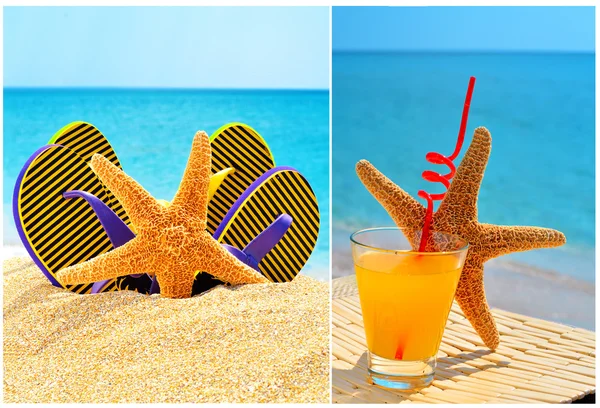 Fishstar, sklo oranžové koktejl proti modré moře — Stock fotografie