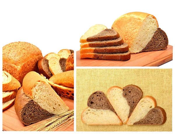 Pan fresco, espigas de trigo y rebanadas de pan en la tabla de madera —  Fotos de Stock