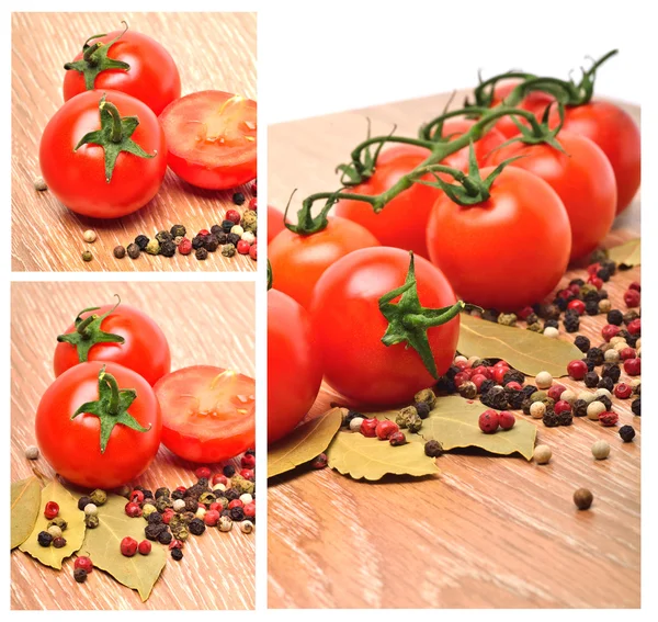Tomates cherry con pimienta negra y hoja de laurel —  Fotos de Stock