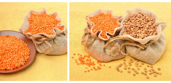 Red lentils in the sack on the tablecloth — Stock Photo, Image