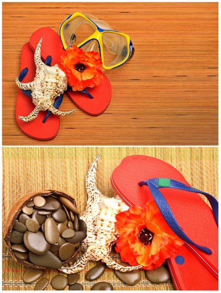 Maska, mušle, květiny a flip-flop sandály na dřevo — Stock fotografie