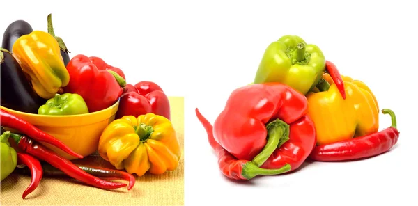 Sweet pepper, aubergine, chilli pepper in the plate — Stock Photo, Image