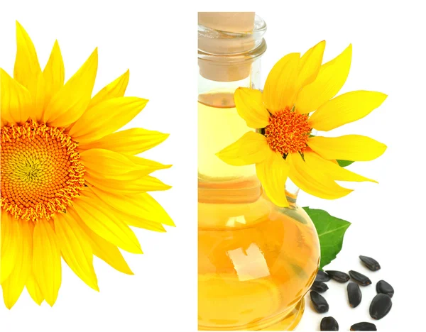 Carafe with vegetable oil and sunflowers — Stock Photo, Image
