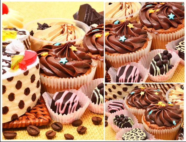Čokoládové cukrovinky, muffiny a kávová zrna — Stock fotografie