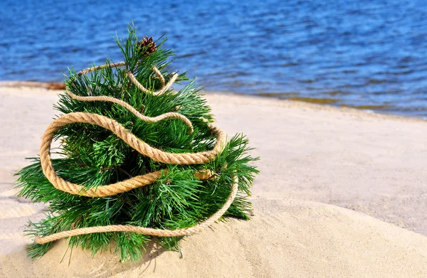 Árbol de Navidad en la playa contra el océano azul —  Fotos de Stock