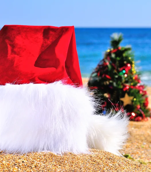 Chapéu de Natal e árvore de Natal borrada na praia — Fotografia de Stock