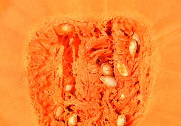 Rijp oranje pompoen textuur met zaden — Stockfoto