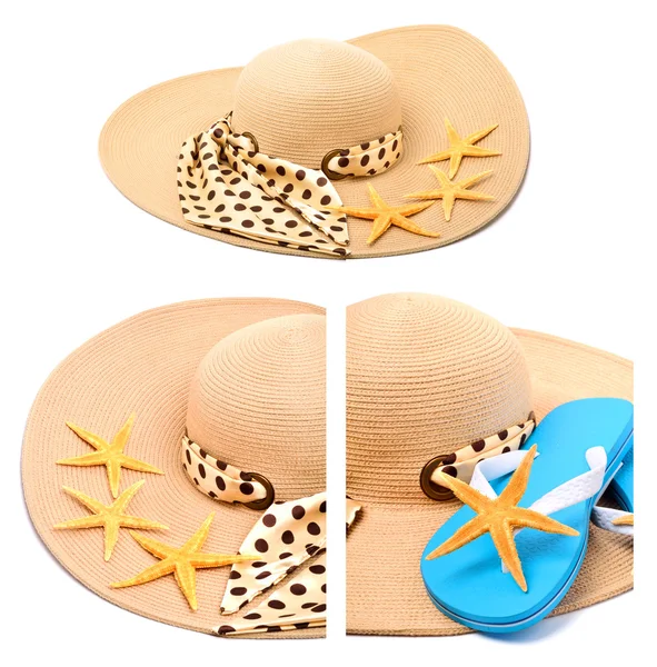 Beach hat, flip flops and starfish — Stock Photo, Image