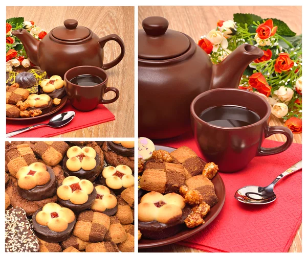 Керамический чайник, чашка и тарелка с печеньем с цветами — стоковое фото