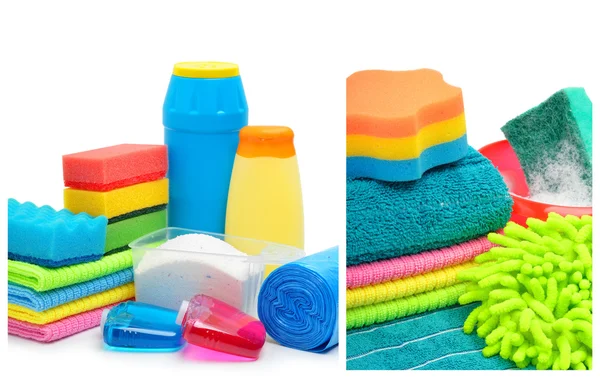 Cleaning supplies, sponges, cleaning powder and  garbage bags — Stock Photo, Image