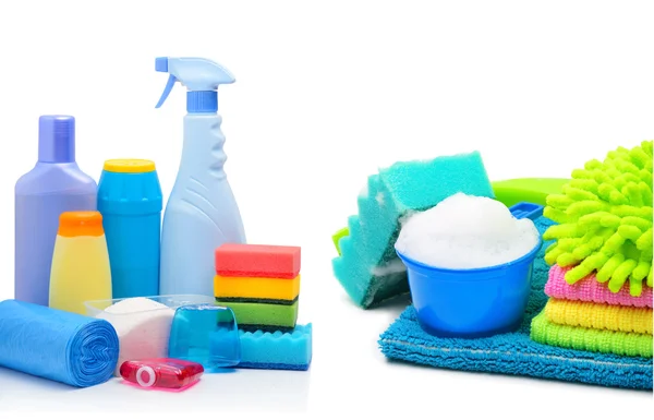 Cleaning supplies, sponges, cleaning powder and  garbage bags — Stock Photo, Image