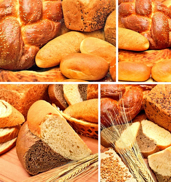 Pane fresco, spighe di grano, chicchi di grano sullo sfondo di legno — Foto Stock