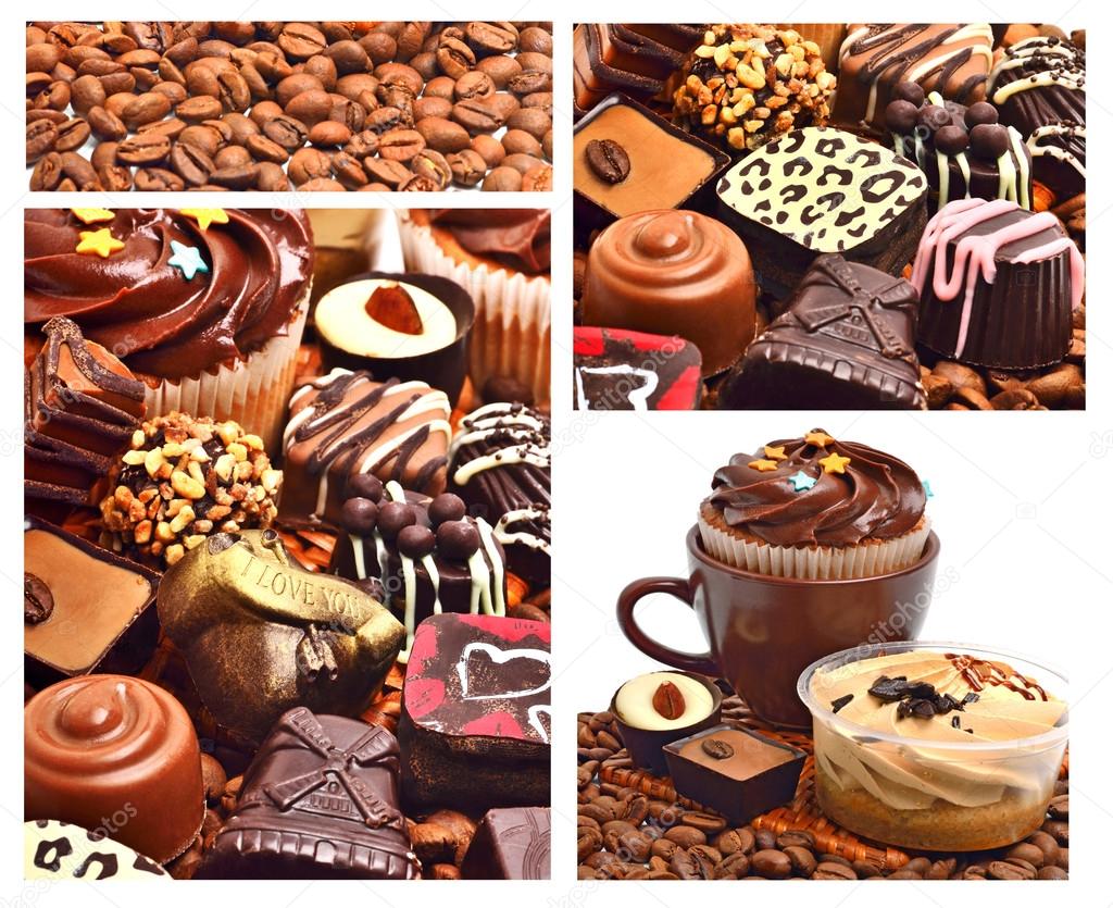 Chocolate sweets, muffins and coffee beans