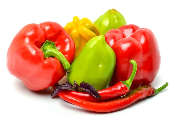 Sweet pepper, chili pepper and basil isolated on white — Stock Photo, Image