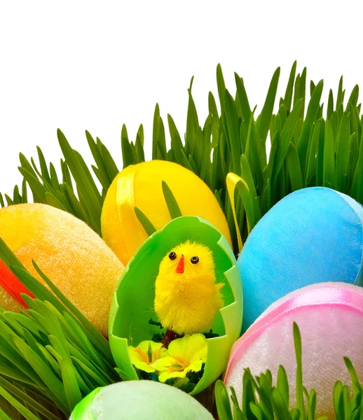 Easter eggs and a yellow chicken in the green grass