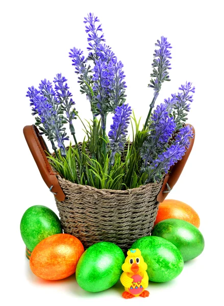 Lavender with easter eggs and chiken in the basket — Stock Photo, Image