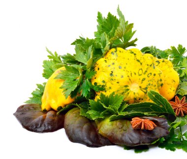 Sarı kabak Pattypan farklı marul, su-tere, spin