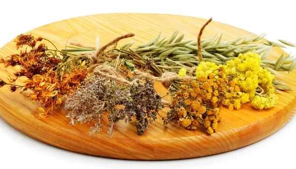 Herbs, calendula flower, oats, immortelle flower, tansy herb iso — Stock Photo, Image