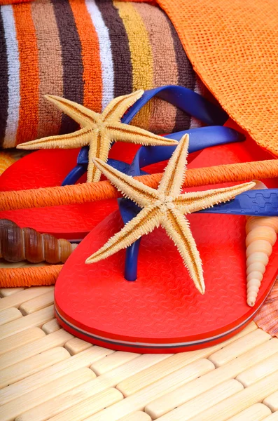 Bolsa de praia com toalha e estrela do mar — Fotografia de Stock