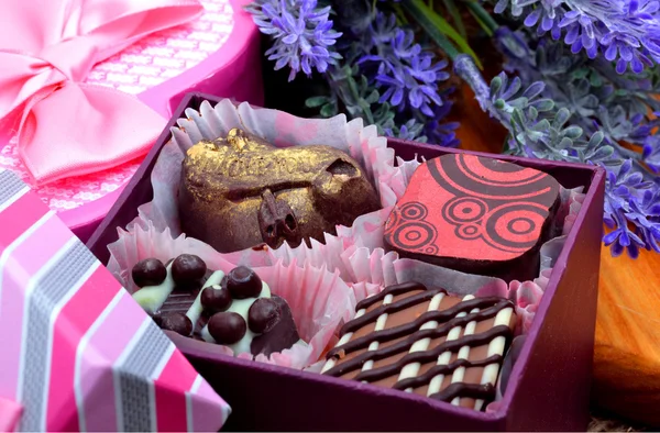 Czekoladowe słodkości w pudełka, lawenda — Zdjęcie stockowe