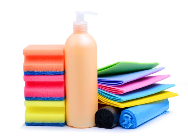 Cleaning supplies, paper napkins, gel and trash bags — Stock Photo, Image