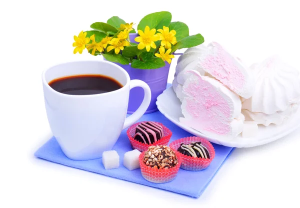 Kopp kaffe med marshmallow, choklad godis, gula blommor — Stockfoto