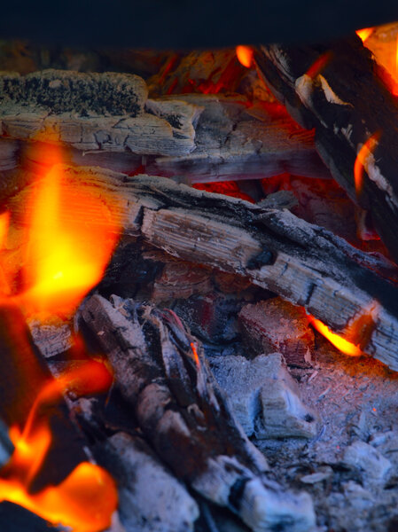  Closeup of pile of wood burning with flames. Fire.