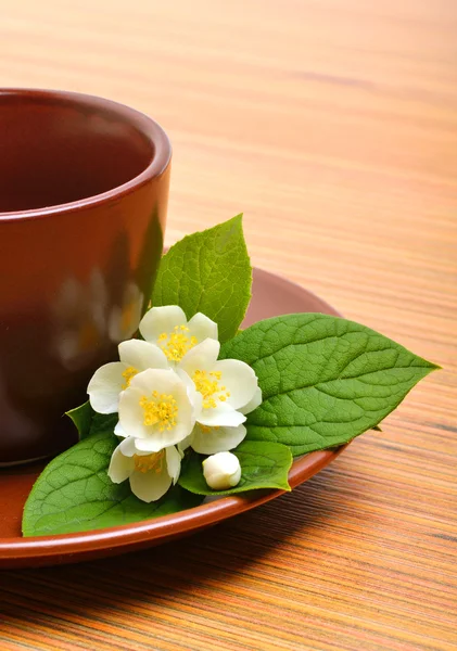 Tazza di tè con fiore di gelsomino su legno — Foto Stock