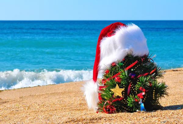 Weihnachtsbaum und Weihnachtsmütze auf Sand am Strand — Stockfoto