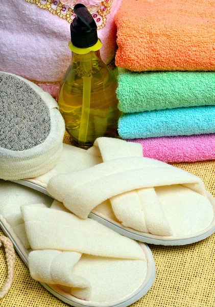 Spa - colorful towels, soap and massage accessory — Stock Photo, Image