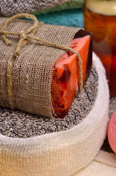 Handmade soap on a background of burlap — Stock Photo, Image