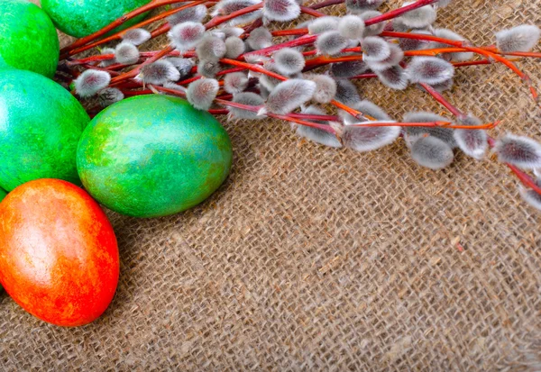 Easter green and orange eggs with and willow — Stock Photo, Image