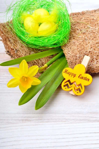 Velikonoční dekorace a svěží jarní květiny narcis na dřevěné b — Stock fotografie