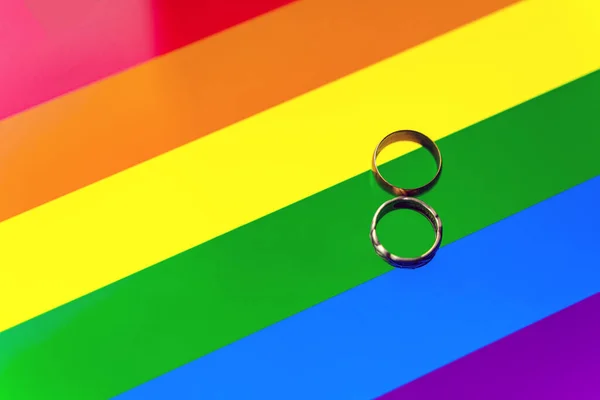Lgbt Weddings Two Wedding Rings Rainbow Lgbtq Flag Legalized Relationship — Stock Photo, Image