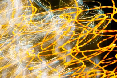 Abstract pattern of the orange and yellow city lights from cars, streetlights and bars. Abstract blurred background. Colorful pattern